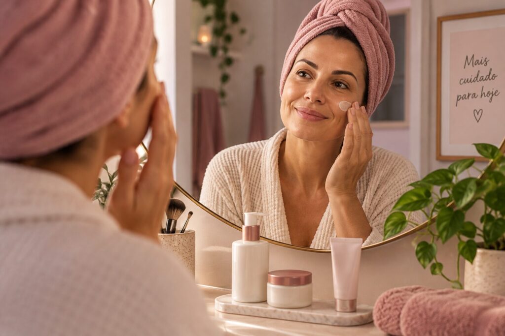 Mulher fazendo rotina de skincare depois dos 40 em frente ao espelho